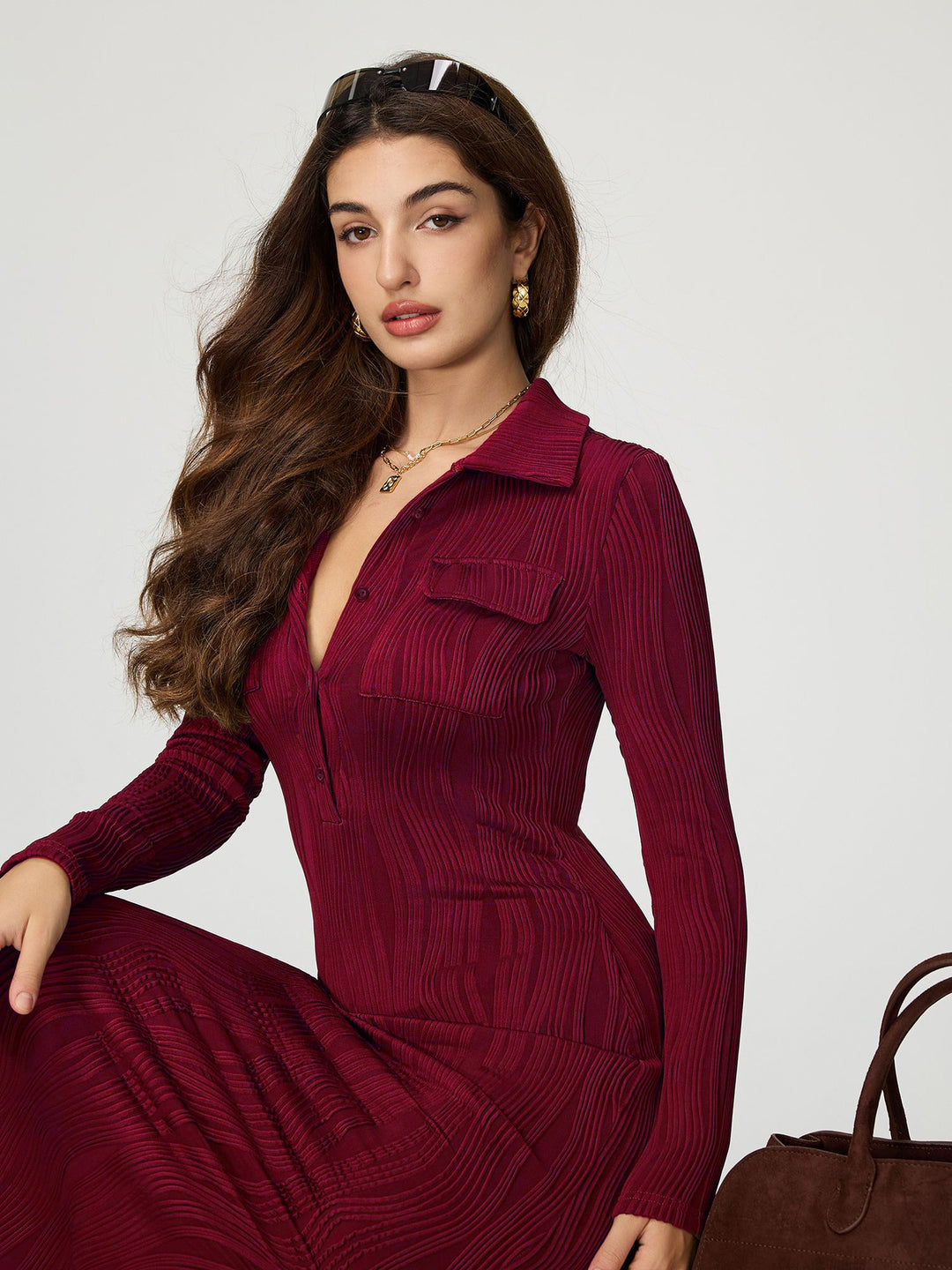 Maroon Full Sleeve Collared Fitted Dress