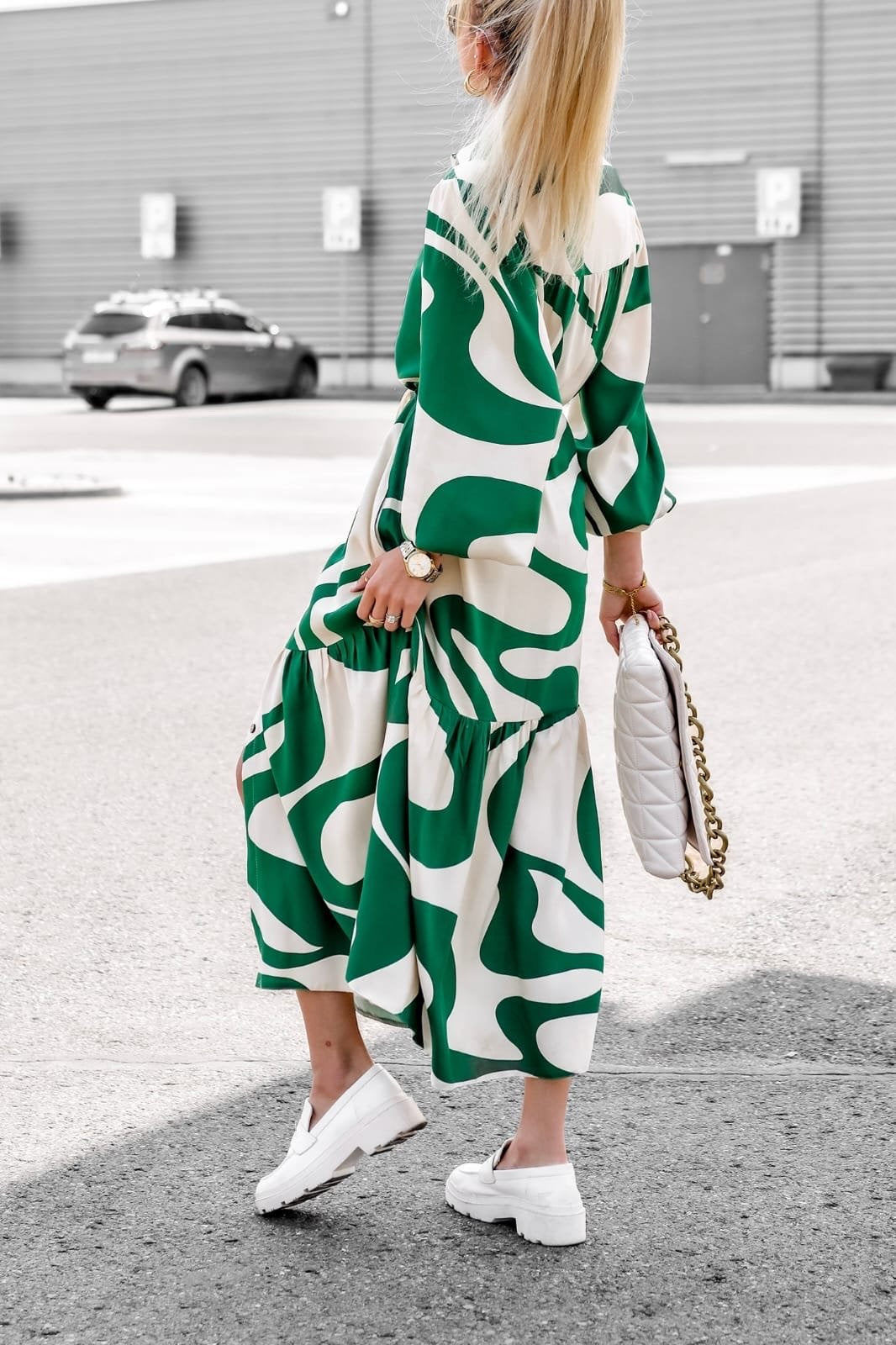 Green Full Sleeve Collared Neck Printed Dress