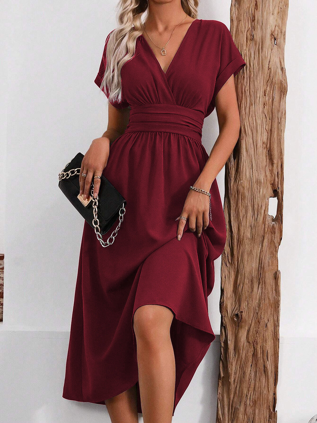 Burgundy Short Sleeve V Neck Dress