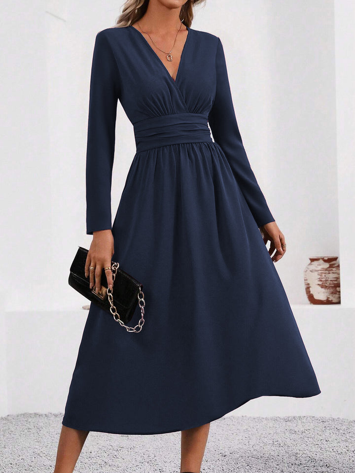 Navy Full Sleeve V Neck Flared Dress