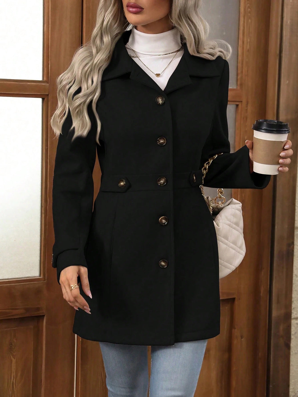 Black Big Collar Full Sleeve Long Belted Buttoned Coat