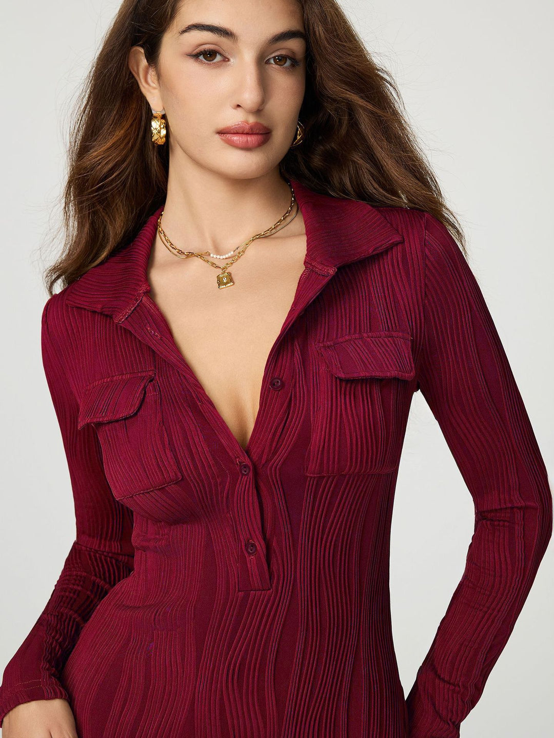 Maroon Full Sleeve Collared Fitted Dress