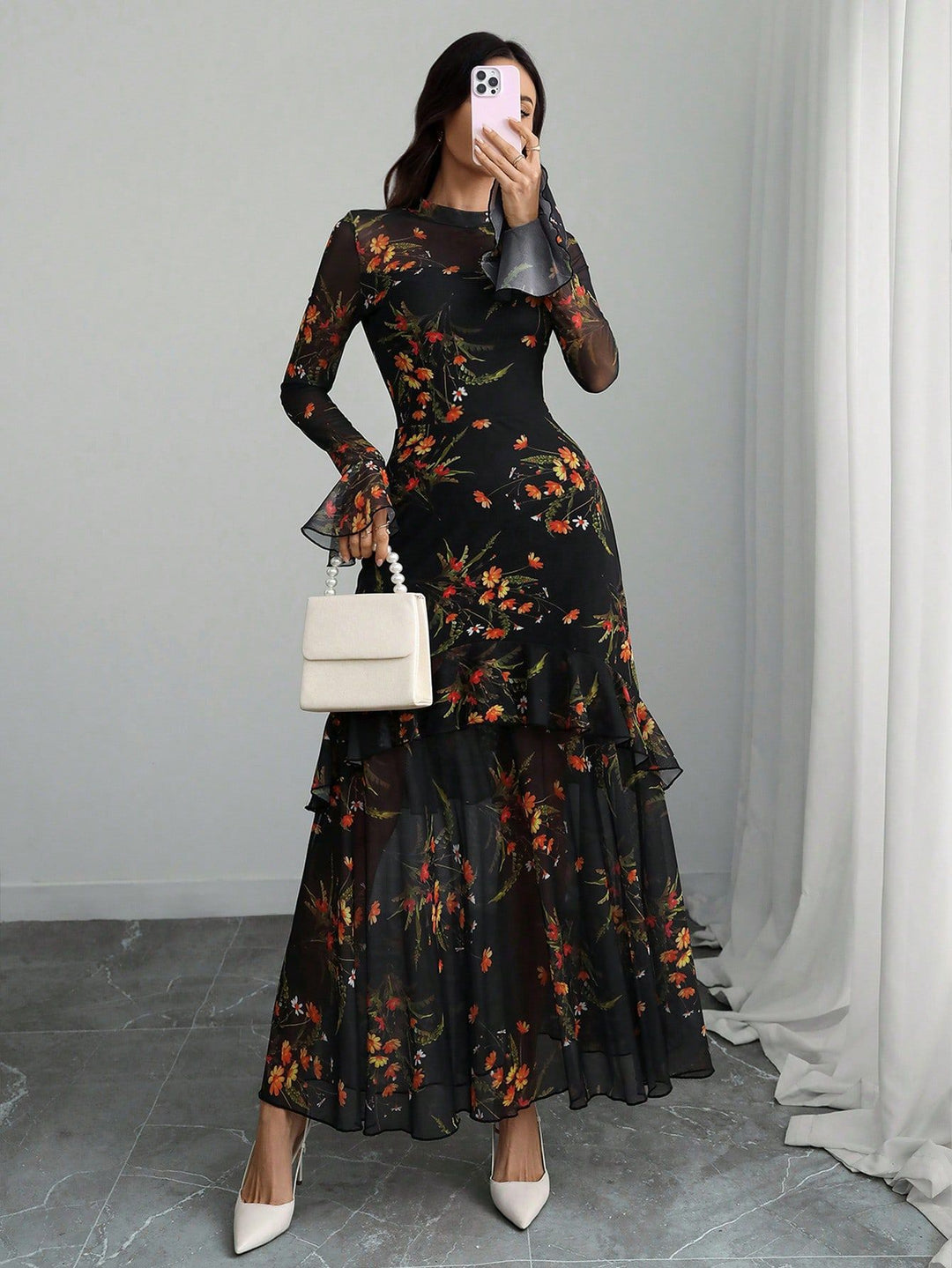 Black Bell Sleeves Printed Tiered Dress