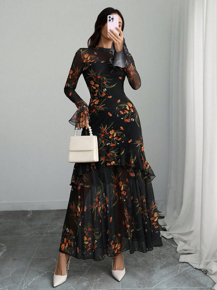 Black Bell Sleeves Printed Tiered Dress