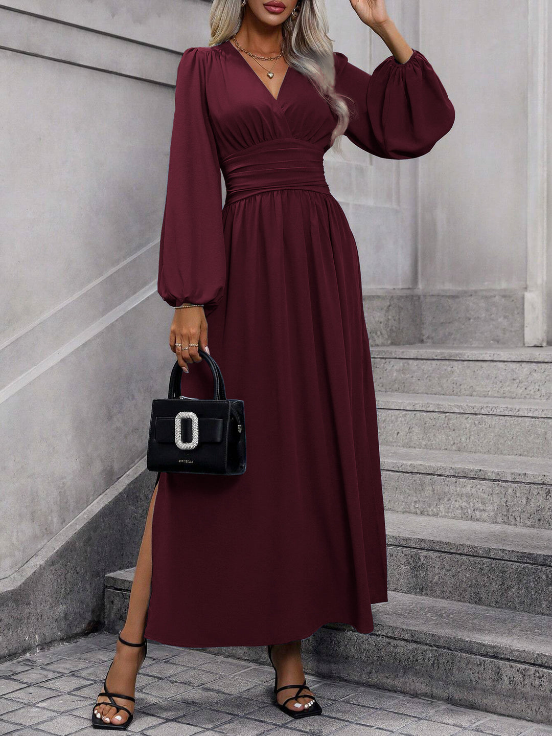 Burgundy Bishop Sleeve V Neck Flared Side Slit Dress