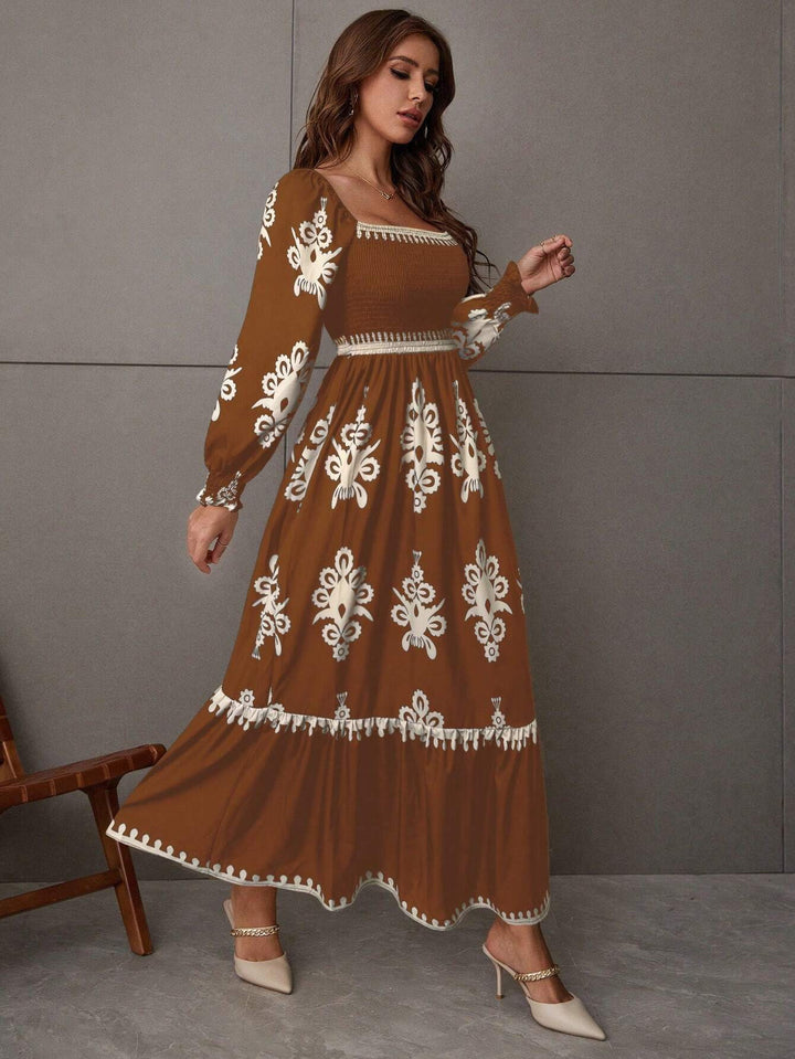 Brown Bishop Sleeve Square Neck Printed Dress