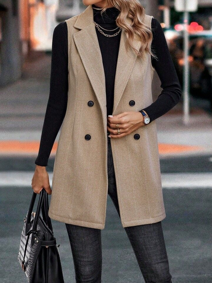 Sleeveless Big Collar Buttoned Jacket