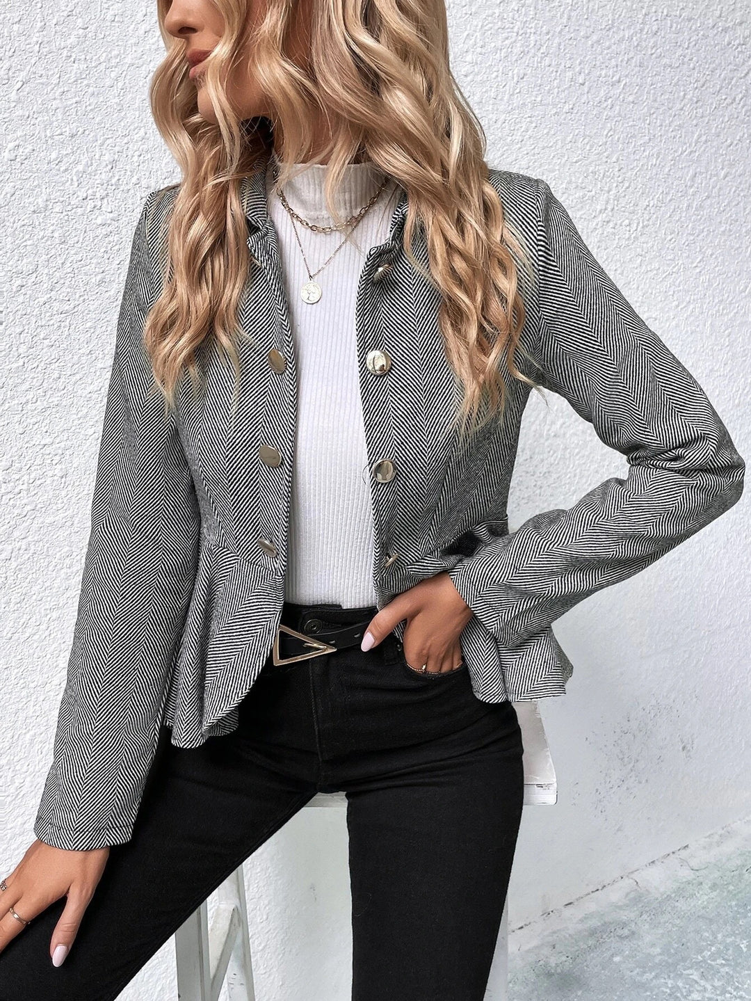 Black Full Sleeve Peplum Style Front Button Blazer
