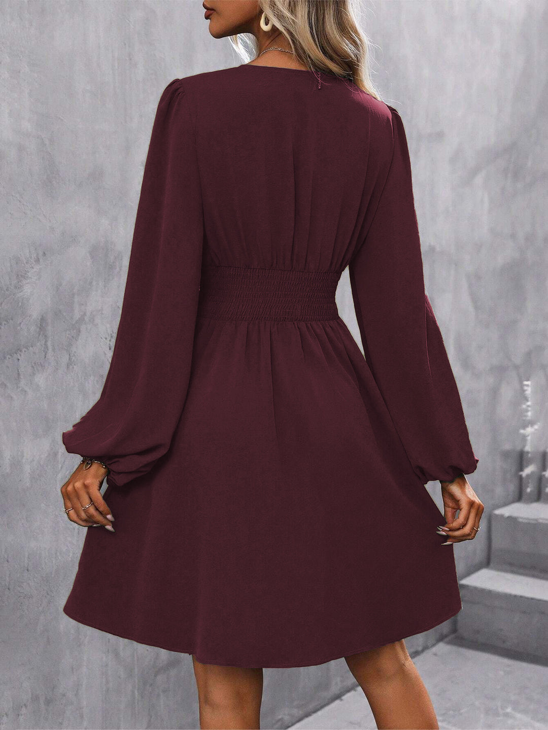 Burgundy Bishop Sleeve V Neck Dress