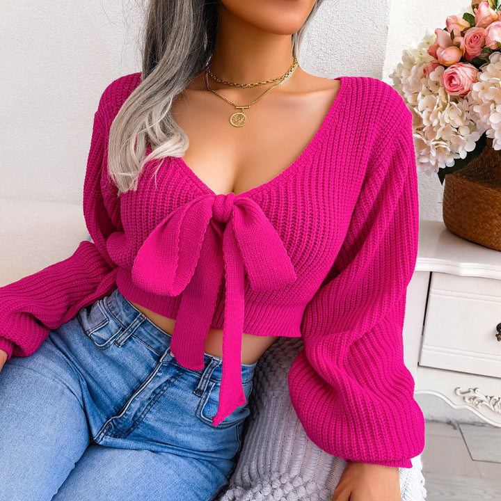 Pink Scoop Neck Bow Tie Up Sweater