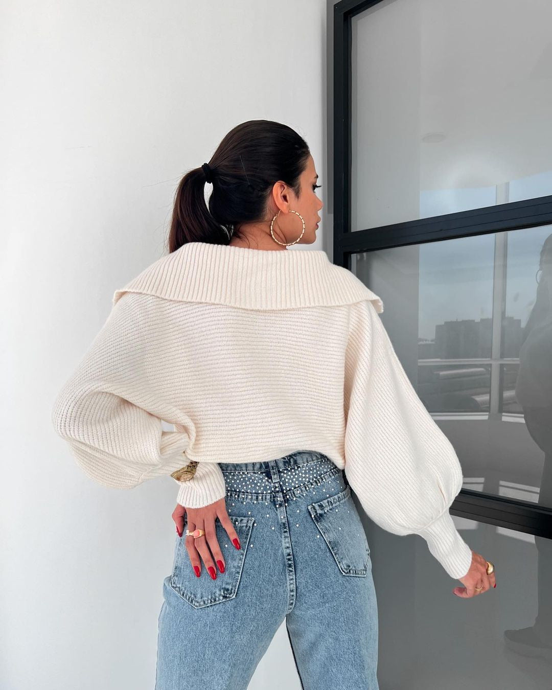 White Wide Collared Solid Sweater
