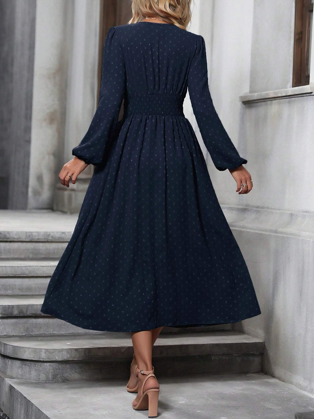 Navy Short Sleeve V Neck Flared Dress