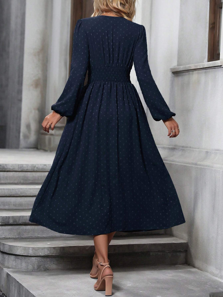 Navy Short Sleeve V Neck Flared Dress