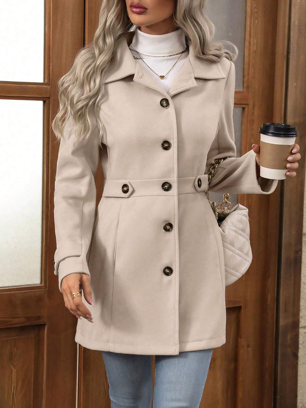 Cream Big Collar Full Sleeve Long Belted Buttoned Coat