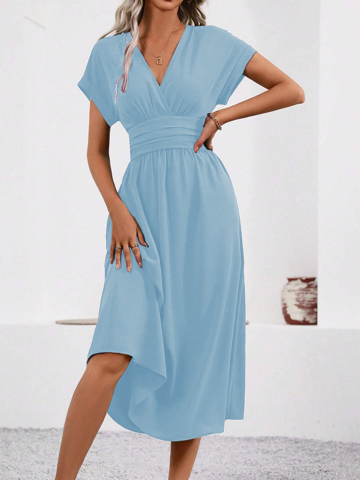 Light Blue Short Sleeve V Neck Dress