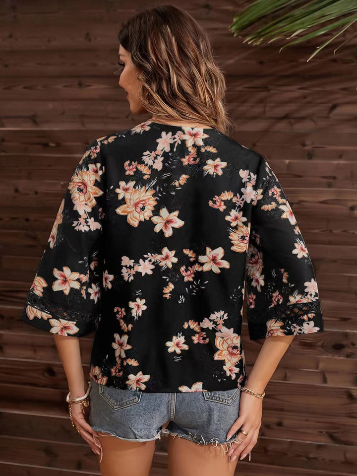 Black Short Sleeve V Neck Floral Top