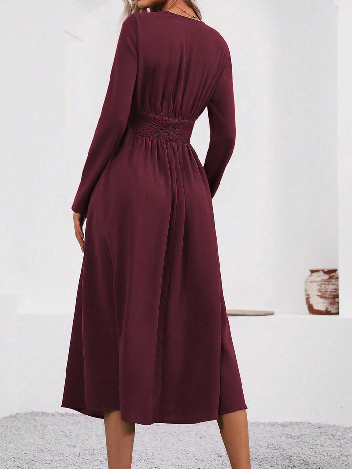 Burgundy Full Sleeve V Neck Flared Dress