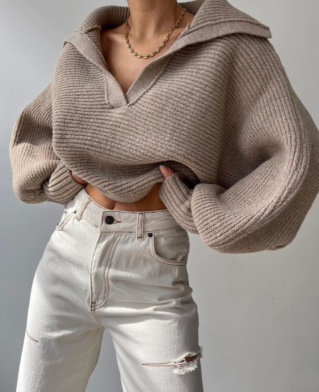 Taupe Wide Collared Solid Sweater