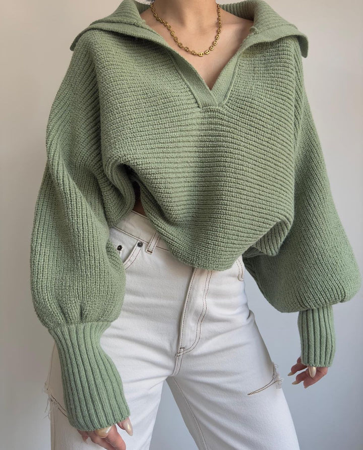Olive Wide Collared Solid Sweater