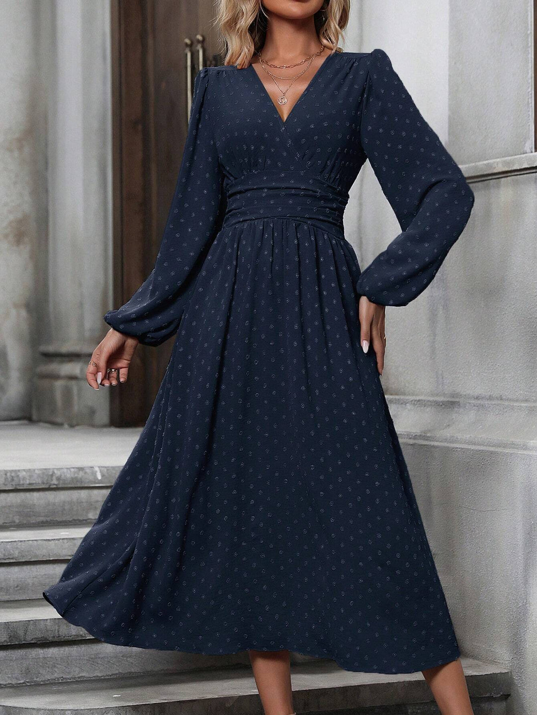 Navy Short Sleeve V Neck Flared Dress