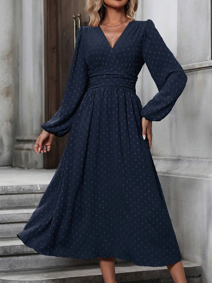 Navy Short Sleeve V Neck Flared Dress