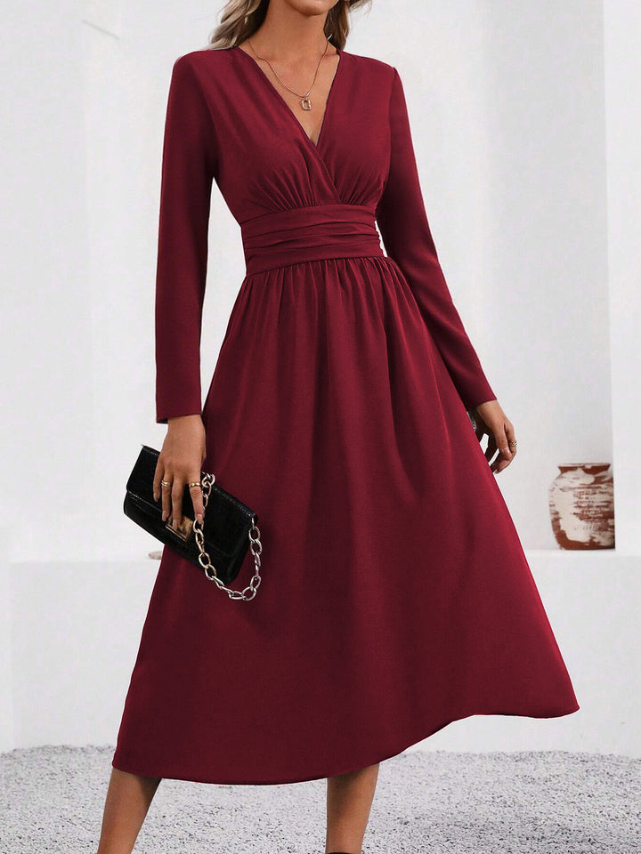 Burgundy Full Sleeve V Neck Flared Dress