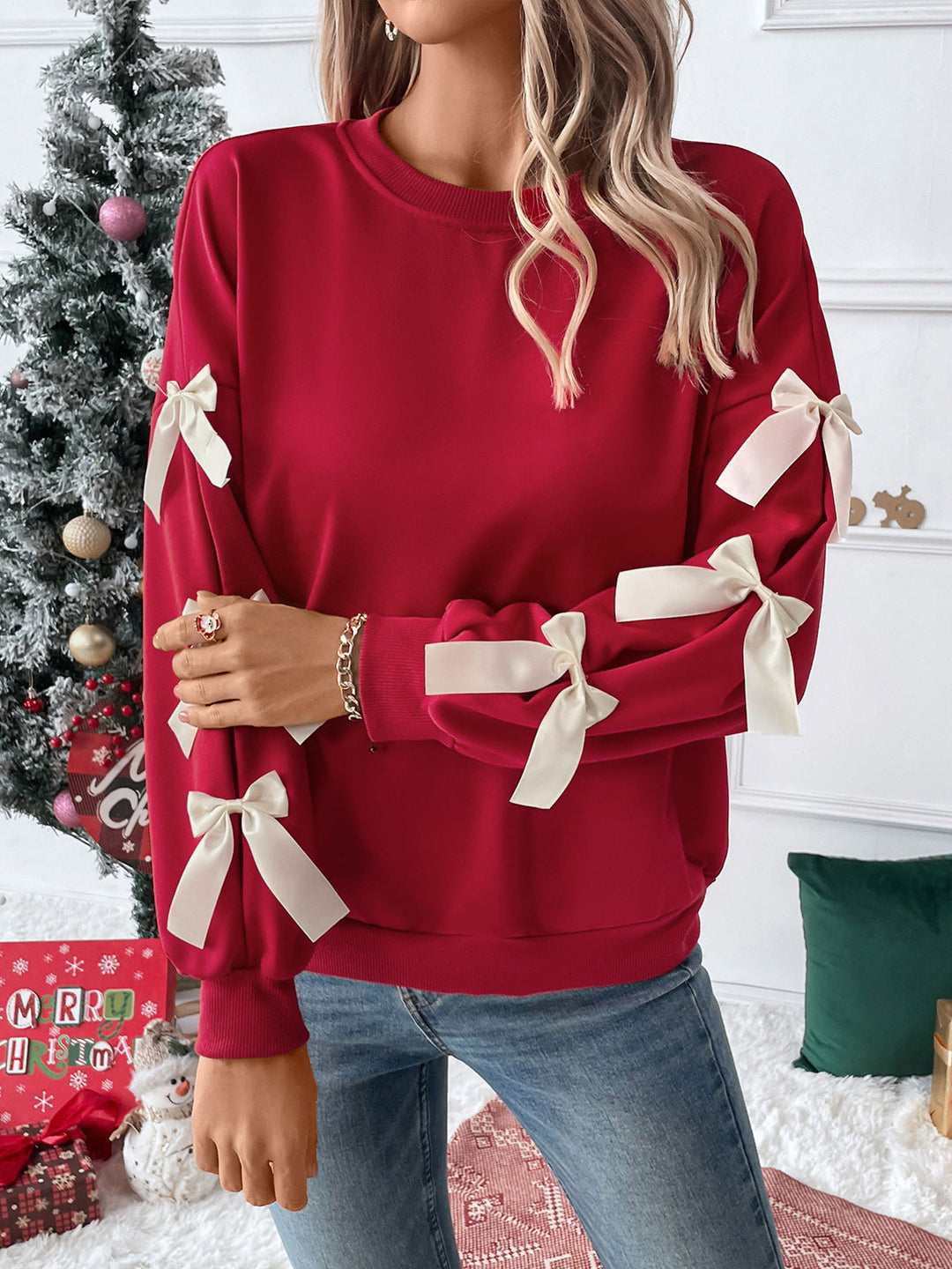 Red Full Sleeve Bow Trim Sweatshirt
