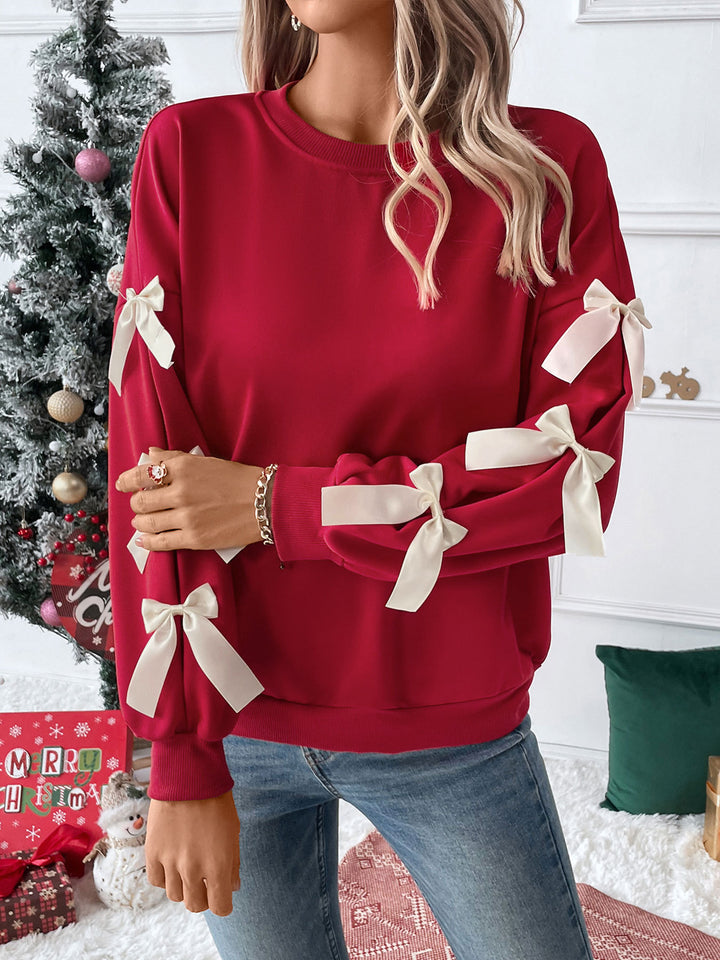 Red Full Sleeve Bow Trim Sweatshirt