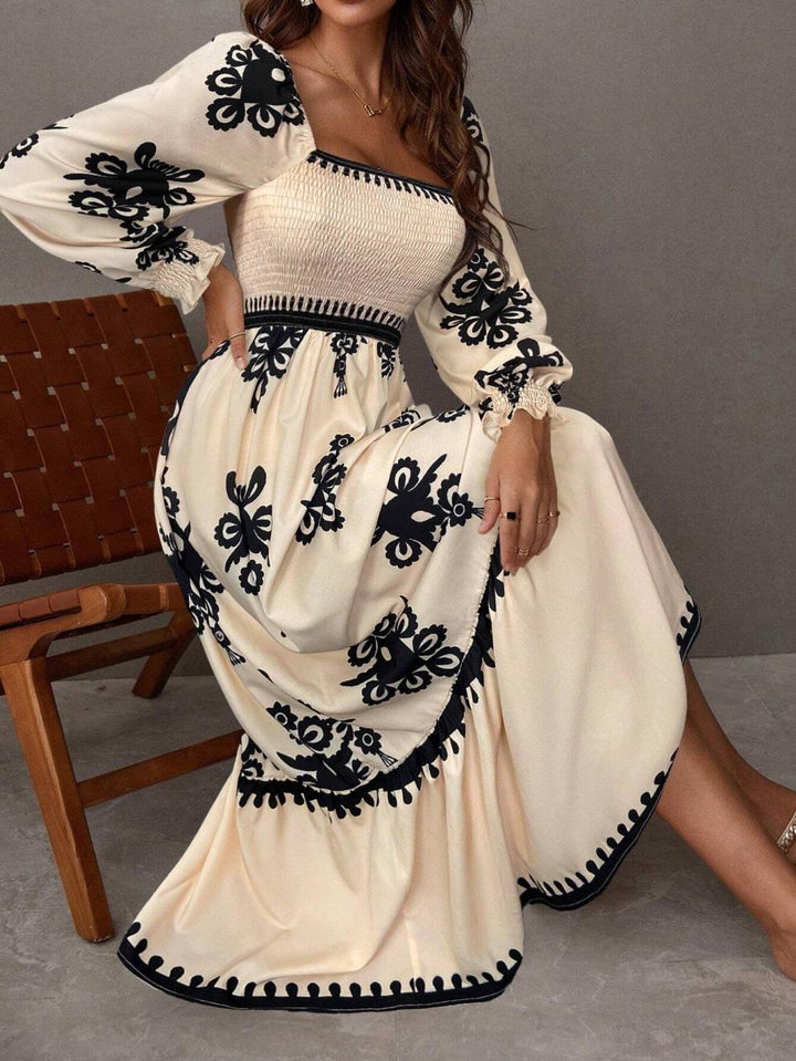 Off-white Bishop Sleeve Square Neck Printed Dress