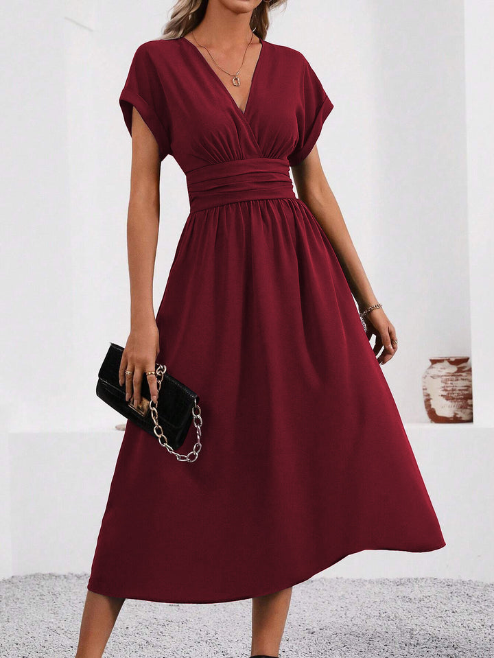 Burgundy Short Sleeve V Neck Dress