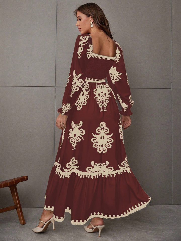 Burgundy Bishop Sleeve Square Neck Printed Dress