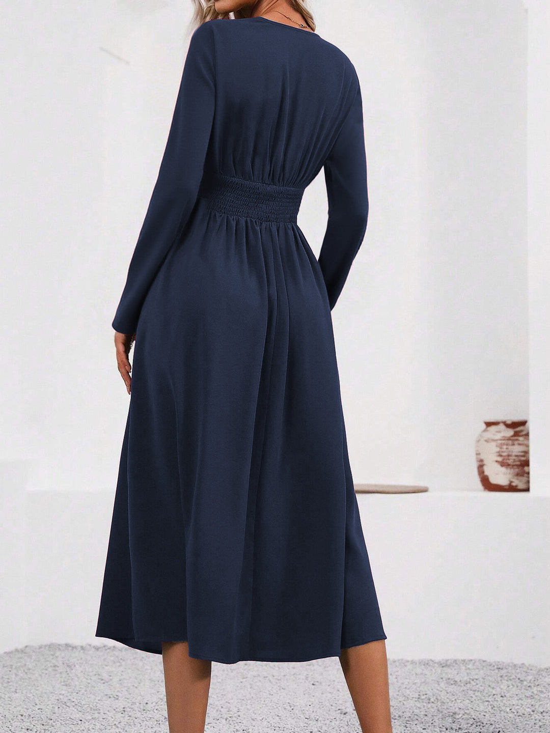 Navy Full Sleeve V Neck Flared Dress