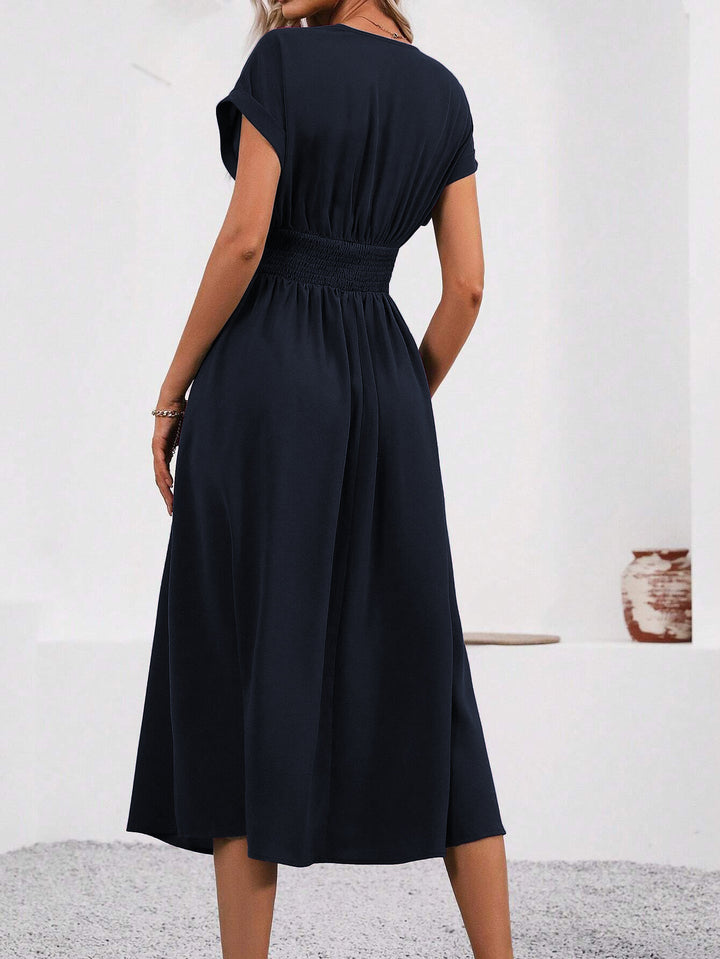 Navy Short Sleeve V Neck Dress