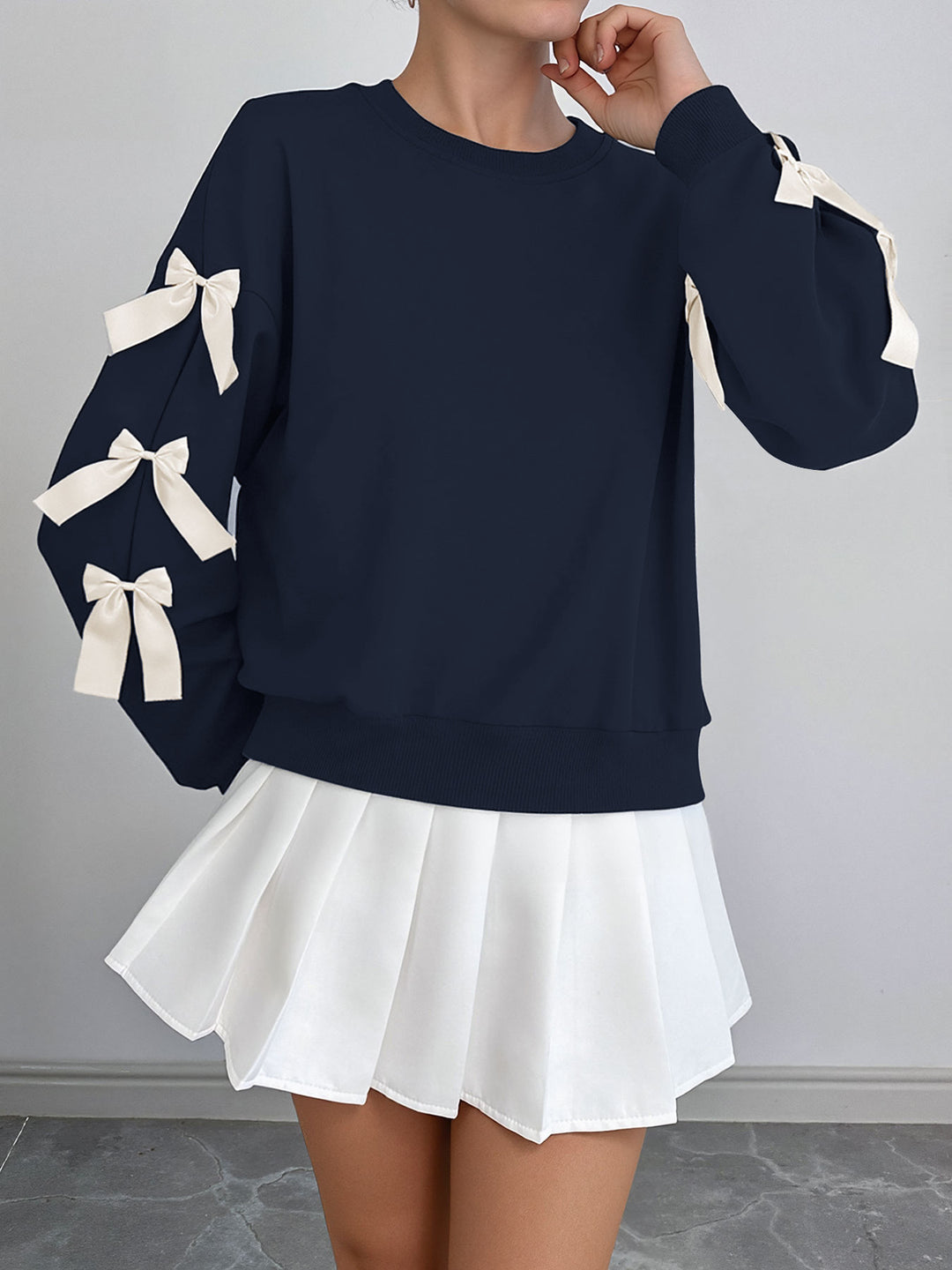 Navy Full Sleeve Bow Trim Sweatshirt