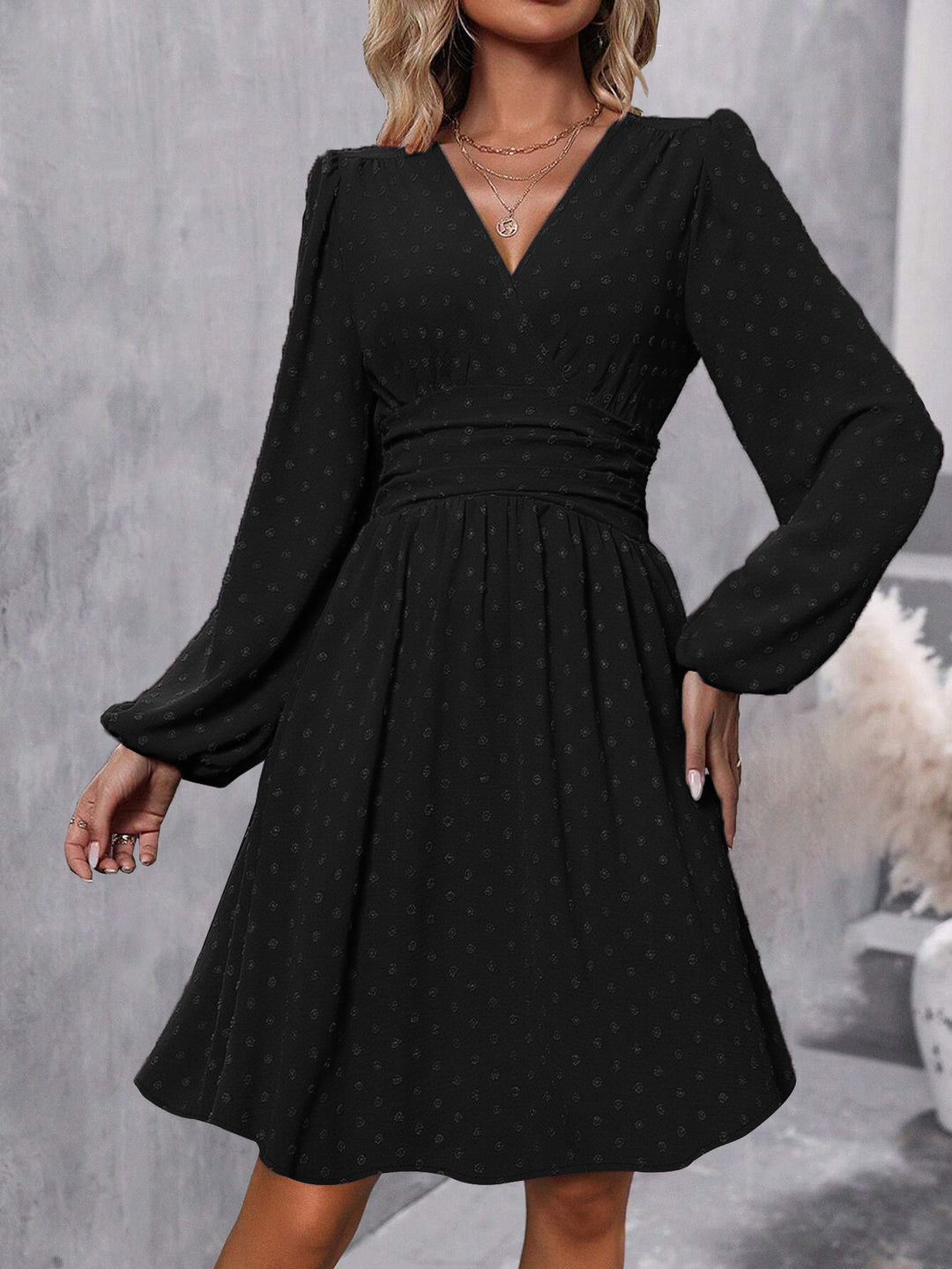 Black Bishop Sleeve V Neck Flared Dress