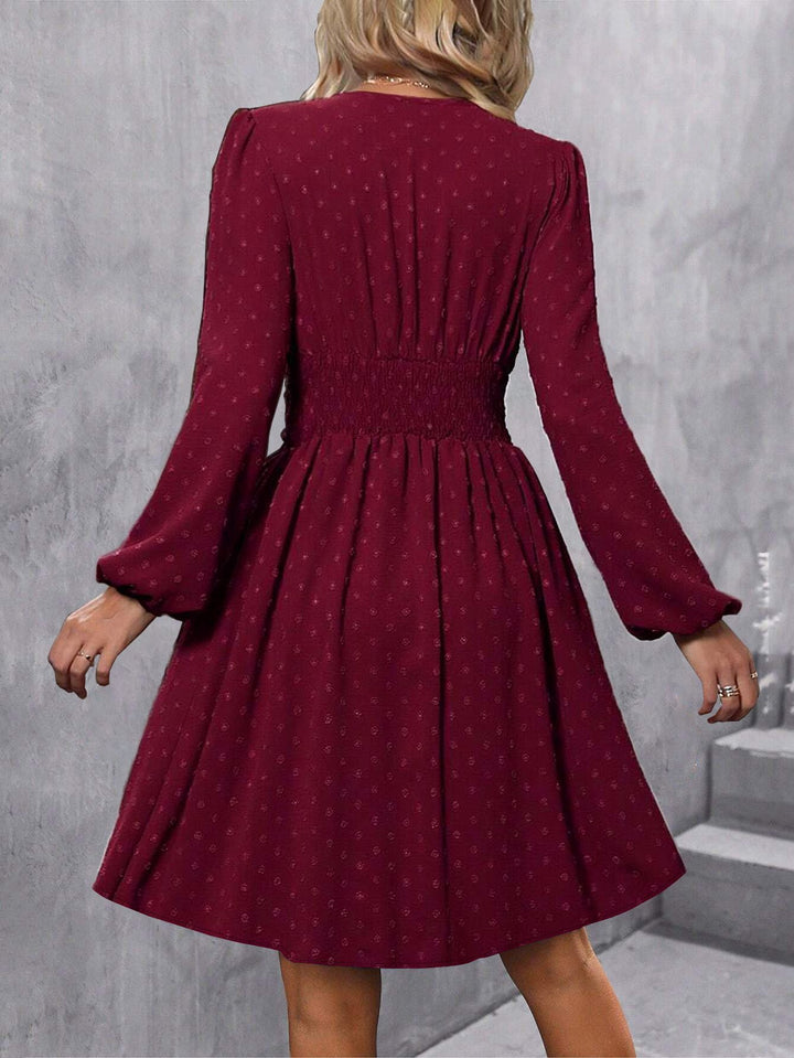 Burgundy Bishop Sleeve V Neck Flared Dress