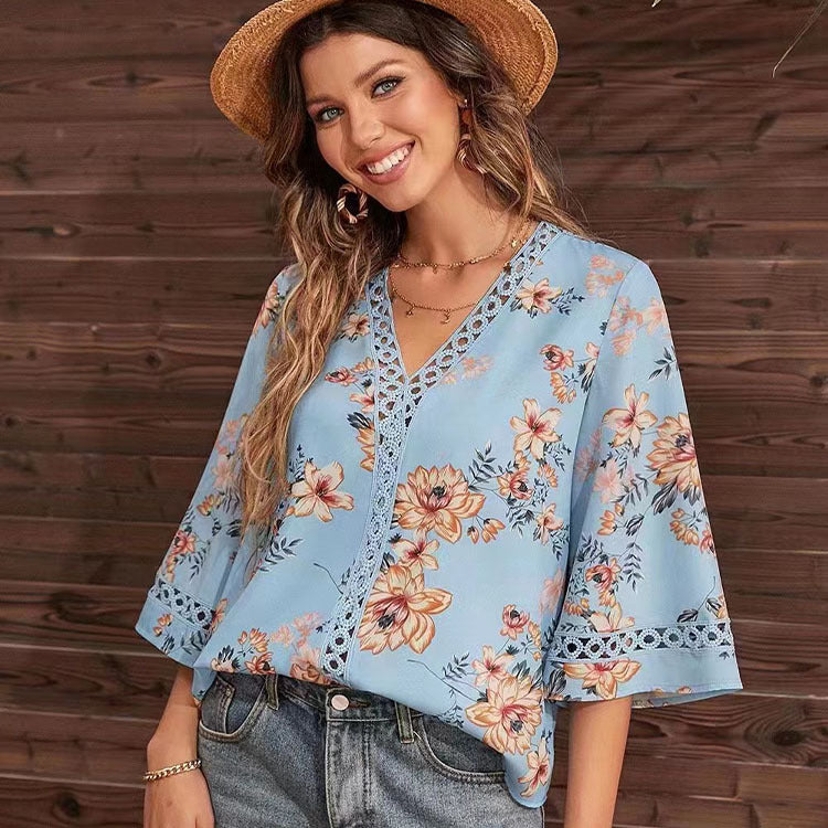 Light Blue Short Sleeve V Neck Floral Top