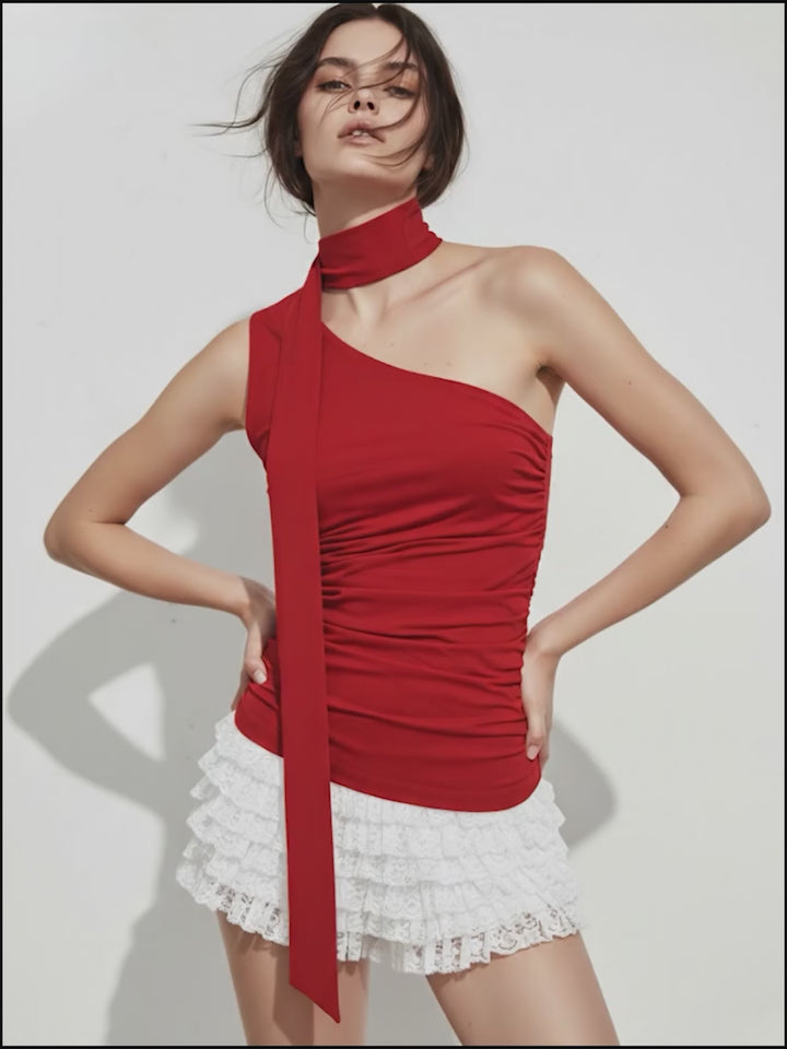 Red Scarf Detail One Shoulder Top
