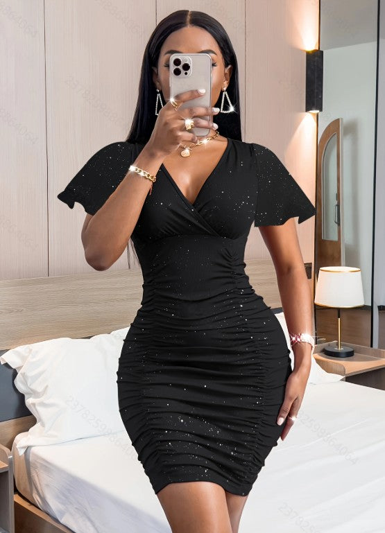 Black  Flare Sleeve V-Neck Fitted Dress