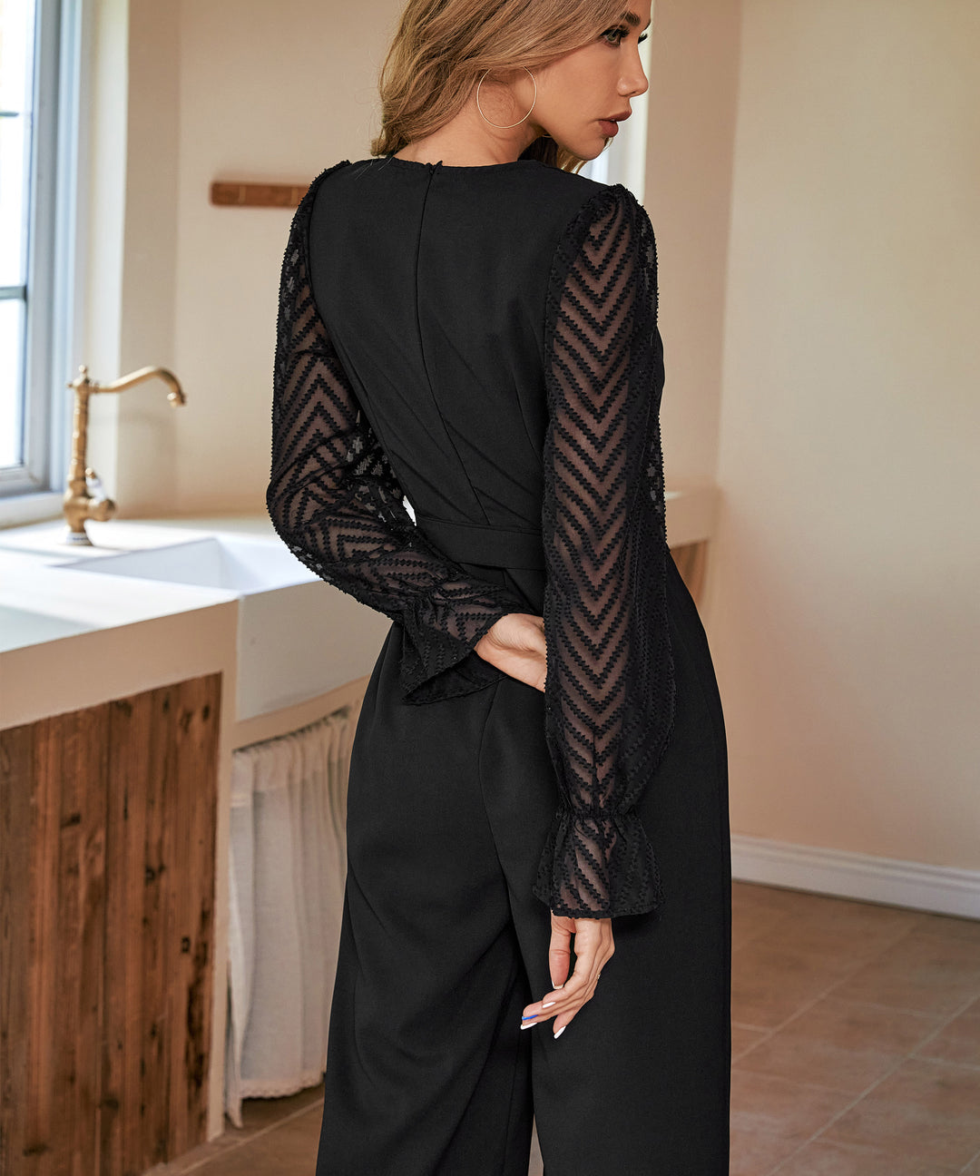 Black Bishop Textured Sleeve V Neck Jumpsuits