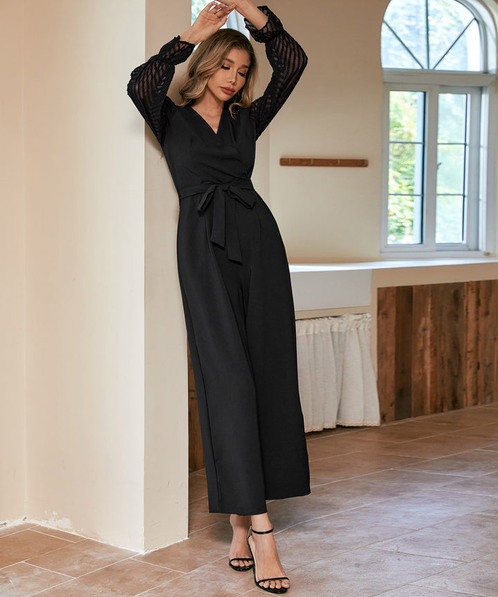 Black Bishop Textured Sleeve V Neck Jumpsuits