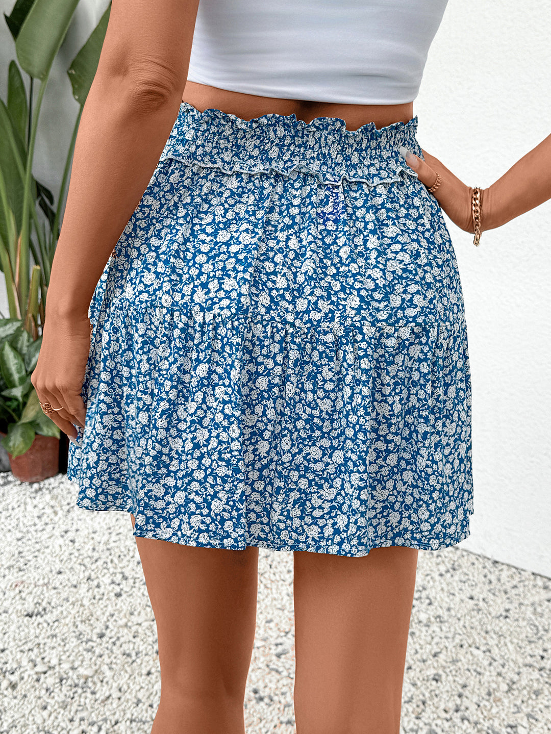 Blue High Waist Printed Tiered Skirt