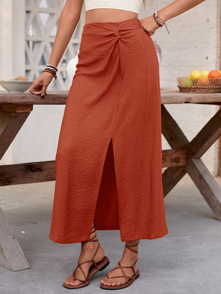 Rust High Waist Knotted Slit Skirt