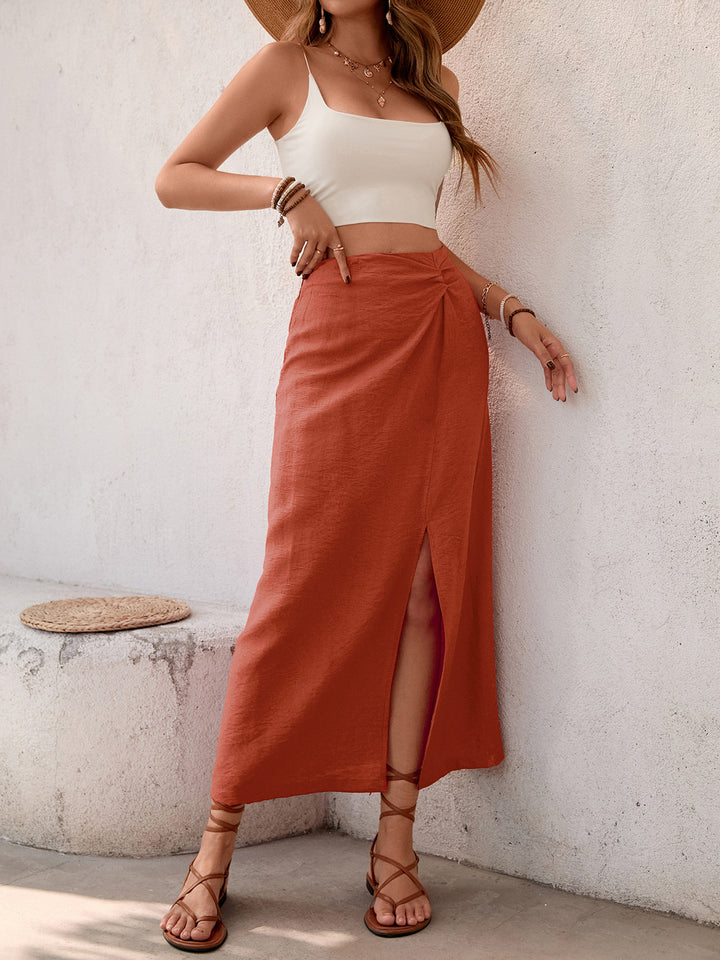 Rust High Waist Knotted Slit Skirt