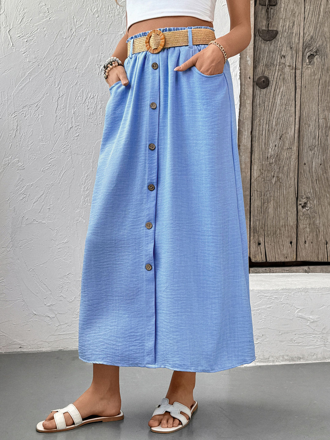 Blue High Waist Front Buttoned Skirt