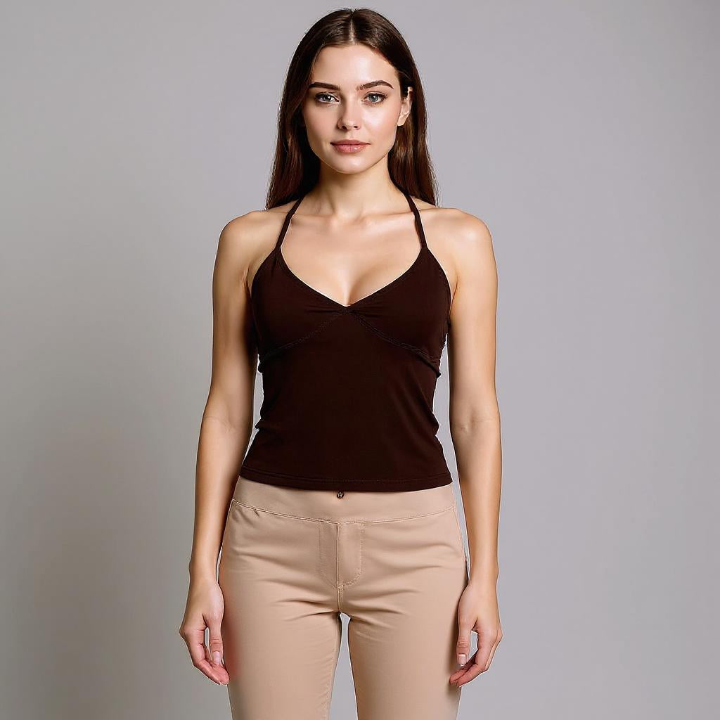 Brown Plunge Cropped Halter Top