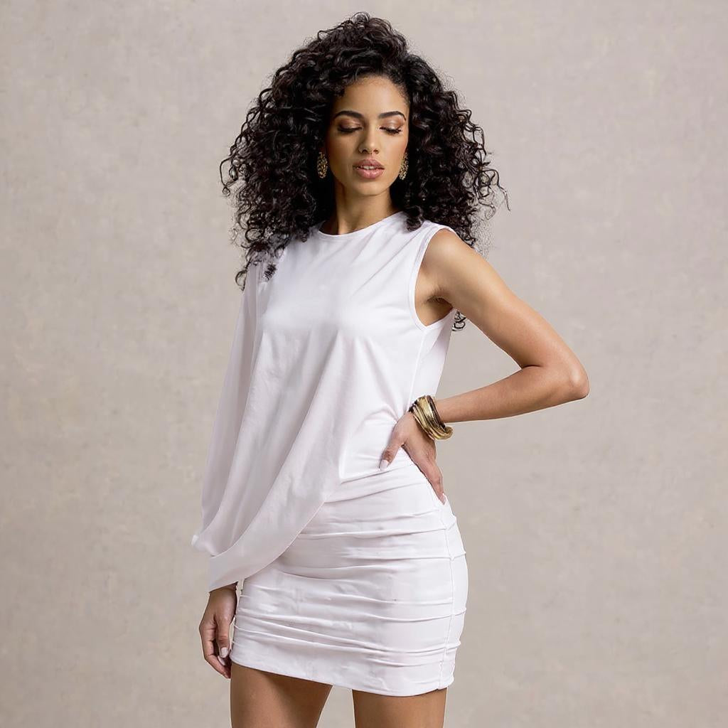 White Draped Shoulder Mini Dress