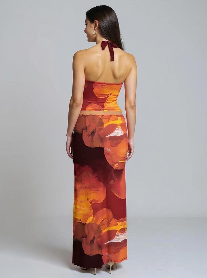Red Printed Halter Top With Skirt Co-Ord Set