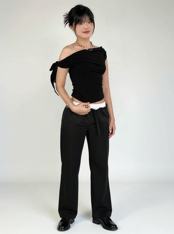 Black Off-Shoulder Tie Up Strap Top