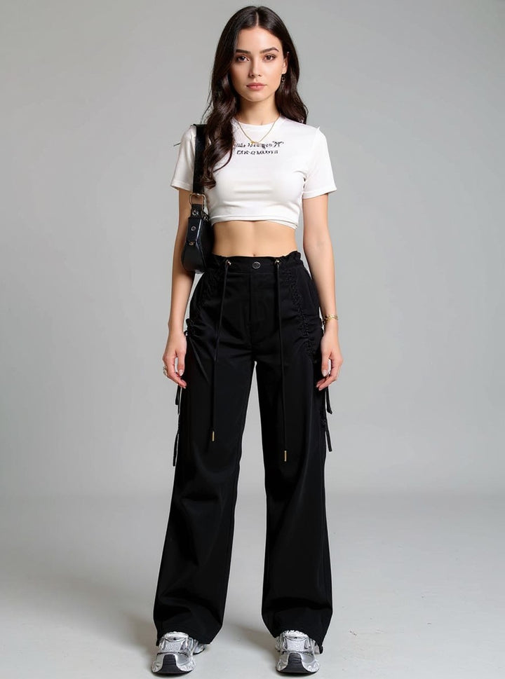 Black Wide Leg Drawstring Parachute Pants